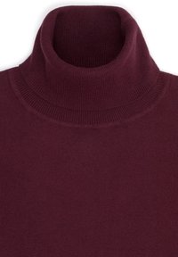 Burgundowy sweter golfowy wykonany z gładkiej dzianiny. Posiada ryflowaną teksturę przy kołnierzu i mankietach, tworząc dopasowaną sylwetkę.