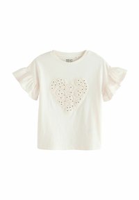 Baumwoll-T-Shirt in sanftem Rosa mit kurzen Rüschensäulen, ausgestattet mit einem cremefarbenen gehäkelten Herzdesign und dezenten Verzierungen.