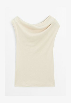 Beige Schulterfreies Oberteil aus weichem, leichtem Stoff. Hat ein drapiertes Design mit kurzen Ärmeln und einer glatten Textur.