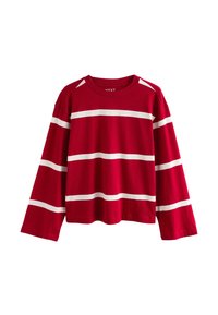 Rotes Langarmoberteil mit horizontalen weißen Streifen, Rundhalsausschnitt und lockerer Passform. Hergestellt aus weichem Baumwollmaterial.
