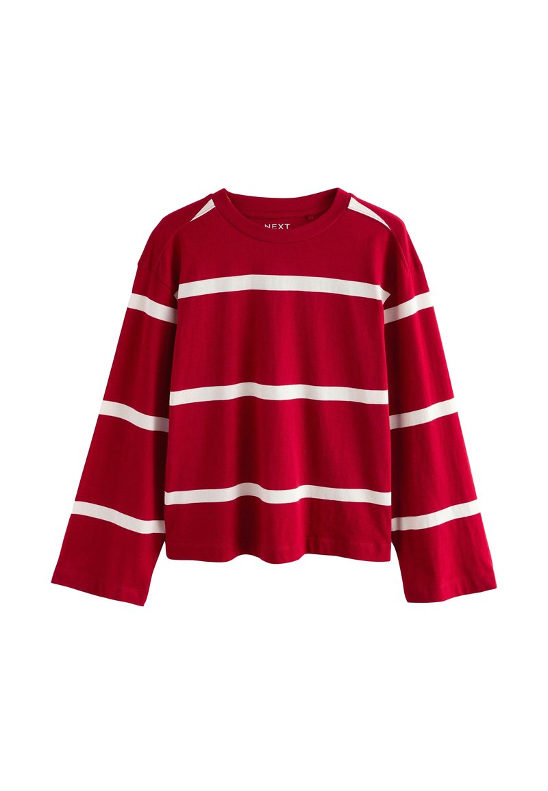 Rotes Langarmoberteil mit horizontalen weißen Streifen, Rundhalsausschnitt und lockerer Passform. Hergestellt aus weichem Baumwollmaterial.
