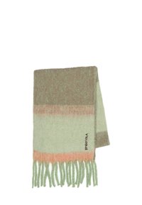 Miękki wełniany szalik w poziome paski w kolorach zielonym, brązowym i brzoskwiniowym, z frędzlami na końcach, złożony, z napisem "BIMBA Y LOLA" po jednej stronie.