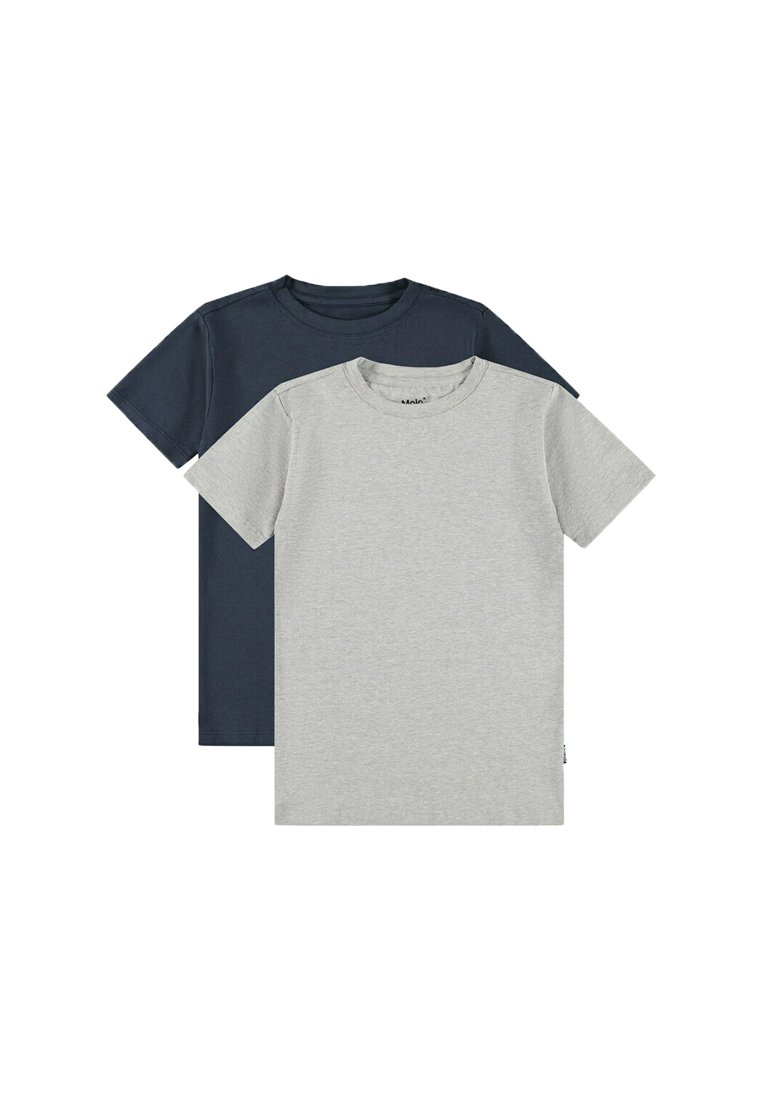 Due magliette a manica corta, una blu navy e una grigia chiara, realizzate in tessuto morbido con scollo a girocollo classico e senza motivi visibili.