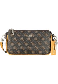 Borsa a tracolla in pelle nera con motivo monogram, dettagli arancioni, chiusura con cerniera, tracolla regolabile e portachiavi rimovibile.