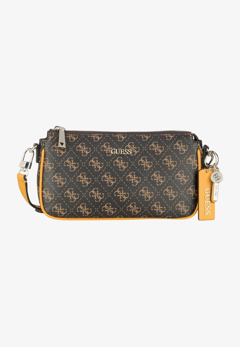 Borsa a tracolla in pelle nera con motivo monogram, dettagli arancioni, chiusura con cerniera, tracolla regolabile e portachiavi rimovibile.