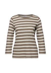 Brun og hvidstribet strikket sweater med lange ærmer og rund udskæring, tekstureret vandret mønster.