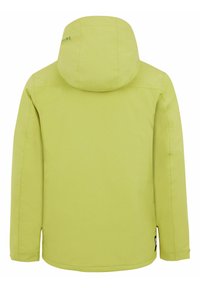 Grüne wasserdichte Jacke mit Kapuze, langen Ärmeln und verstellbaren Manschetten. Glatte Textur mit minimalistischem Design und Logodetails.