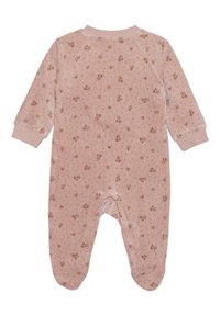 Rosa Overall mit langen Ärmeln, der ein verblasstes Blumenmuster aufweist. Hergestellt aus weichem Material, hat er einen runden Halsausschnitt und geschlossene Füße.