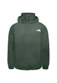 Grön vattentät jacka gjord av lättviktigt tyg, med huva, elastiska ärmslut och en frontlogotyp, som erbjuder en enkel och funktionell design.