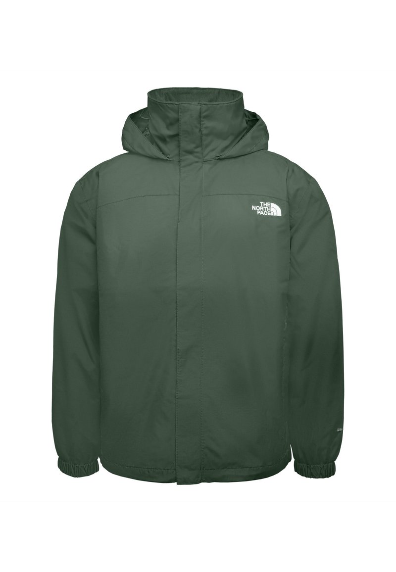 Grön vattentät jacka gjord av lättviktigt tyg, med huva, elastiska ärmslut och en frontlogotyp, som erbjuder en enkel och funktionell design.