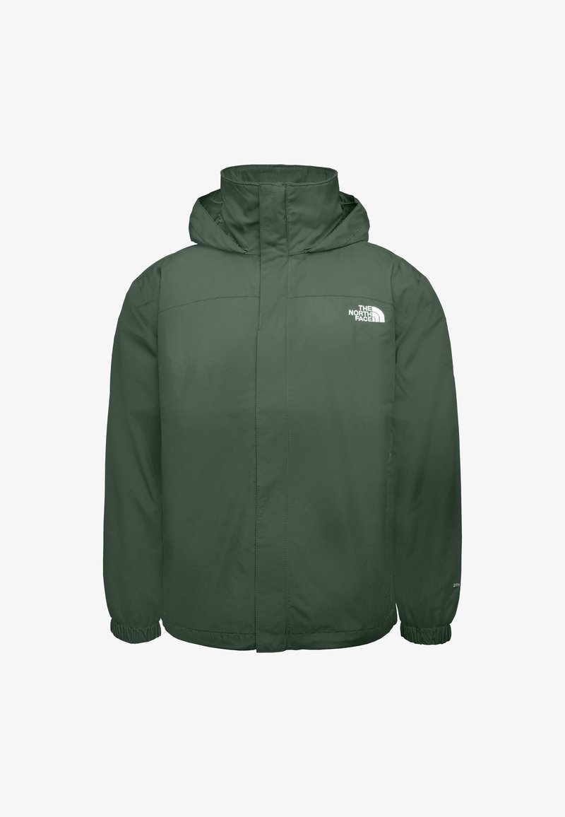 Grön vattentät jacka gjord av lättviktigt tyg, med huva, elastiska ärmslut och en frontlogotyp, som erbjuder en enkel och funktionell design.