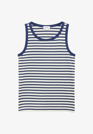 Débardeur sans manches à rayures horizontales bleu marine et blanches, avec une bordure unie bleu marine autour de l'encolure et des emmanchures.