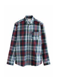 Langärmliges kariertes Hemd mit einer Mischung aus dunkelgrün, marineblau, rot und weiß. Button-down-Kragen und eine Brusttasche. Baumwollstoff.