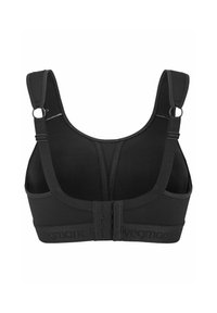 Zwarte sportbeha met verstelbare bandjes, haak-en-oogsluiting en textuurband met logo; ontworpen voor ondersteuning en comfort.