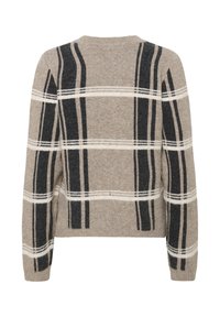 Beige Strickpullover mit horizontalen Streifen in Schwarz und Weiß. Verfügt über einen Rundhalsausschnitt und lange Ärmel und zeichnet sich durch eine sanfte Textur aus.