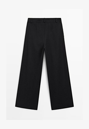 Black wide-leg trousers with a smooth texture, featuring a flat front, belt loops, and a tailored design. No visible pockets.