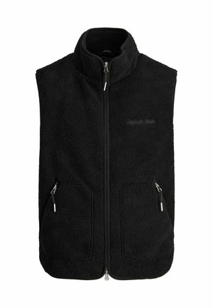 Black fleece vest with high collar, full front zipper, two zippered side pockets, and a subtle embroidered logo on the chest.