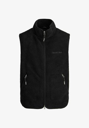 Gilet in pile nero con colletto alto, zip frontale completa, due tasche laterali con zip e un logo ricamato sottile sul petto.