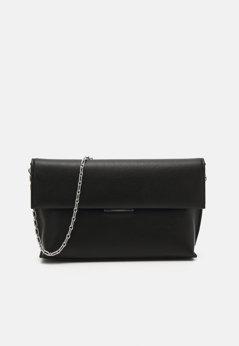 Black leather clutch bag with a fold-over design, silver chain strap, and a sleek front silver hardware detail. Smooth texture, rectangular shape.