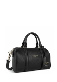 Sac à main en cuir noir avec poignées doubles et bandoulière amovible. Caractéristiques de quincaillerie dorée et logo de marque en relief. Extérieur texturé avec des détails de couture.