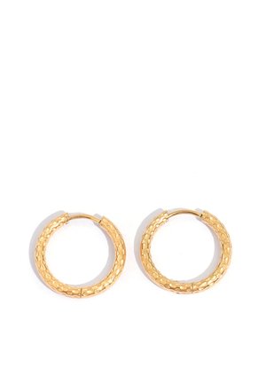 Gold-tone textured small hoop earrings with a hammered pattern, shown side by side on a white background.