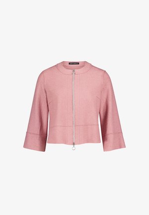 Light pink jacket made of textured fabric, featuring a round neckline, 3/4 bell sleeves, and a front zip fastening with a circular pull.