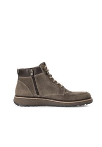 Braune Wildlederschnürstiefel mit strukturiertem Finish, seitlichem Reißverschluss, Schnürung vorne und kontrastierendem Nähen an der Sohle.