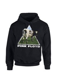 Svart hettegenser med en ku-grafikk på et grønt felt inne i en trekant. Teksten "PINK FLOYD" står i hvit, slitt skrifttype.