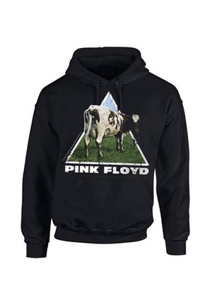 Zwarte hoodie met een koeienafbeelding op een groene achtergrond binnen een driehoek. Tekst in witte, versleten letters leest "PINK FLOYD".