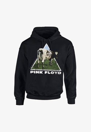 Černá mikina s kapucí s grafikou krávy na zeleném pozadí uvnitř trojúhelníku. Text zní "PINK FLOYD" v bílém, opotřebovaném písmu.