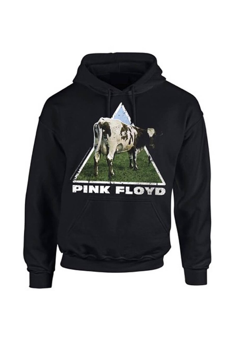 Svart hettegenser med en ku-grafikk på et grønt felt inne i en trekant. Teksten "PINK FLOYD" står i hvit, slitt skrifttype.