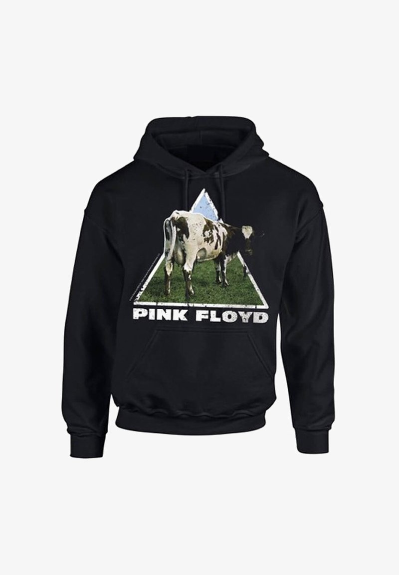 Svart hettegenser med en ku-grafikk på et grønt felt inne i en trekant. Teksten "PINK FLOYD" står i hvit, slitt skrifttype.