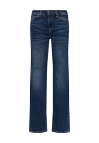 Jean en denim bleu foncé avec une coupe droite, présentant un léger délavage, une taille standard et des détails de couture classiques.