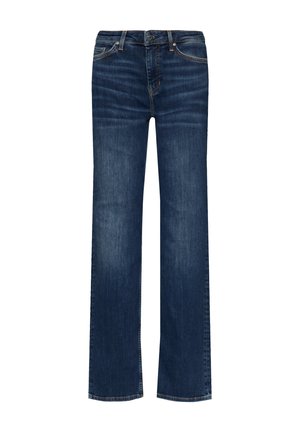 Dunkelblaue Denim-Jeans mit geradem Schnitt, die leicht verblasst sind, einen standardmäßigen Bund haben und klassische Nähte aufweisen.