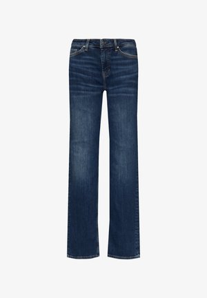 Dunkelblaue Denim-Jeans mit geradem Schnitt, die leicht verblasst sind, einen standardmäßigen Bund haben und klassische Nähte aufweisen.