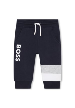 Marineblauwe peuter joggingbroek met wit trekkoord, voorzakken, zijkant "BOSS" tekst en grijs-witte kleurblokken op één broekspijp boord.