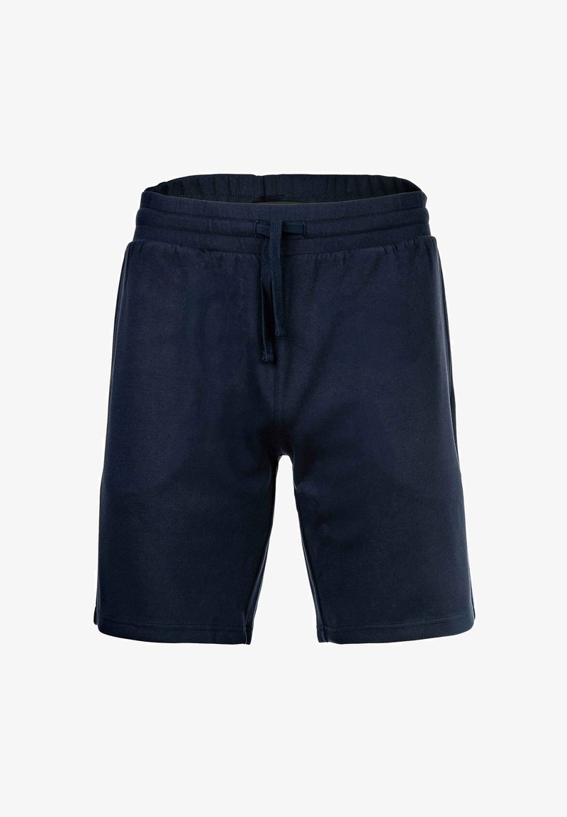 Pantaloni corti casual blu navy con elastico in vita e cordoncino, taglio dritto, tasche frontali e design lunghezza ginocchio.