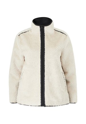 Flødefarvet fleecejakke med sort lynlåslukning foran og sort kant på ærmekanter og skuldre, høj krave og sidelommer.