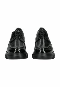 Scarpe da uomo nere in pelle lucida, con punta arrotondata, design con lacci e suola spessa in gomma nera.