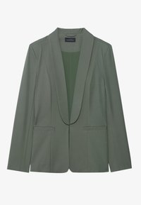 Olivově zelený blejzr s šálovým límcem, dvěma předními kapsami a hladkou texturou. Disponuje jedním knoflíkem k zapínání a dobře padnoucím střihem.