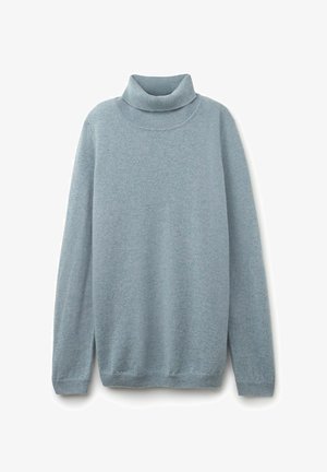 Pull encolure montée de couleur bleu clair en tissu doux. Comprend des manches longues, un col haut et une coupe décontractée. Sans motifs ni détails supplémentaires.