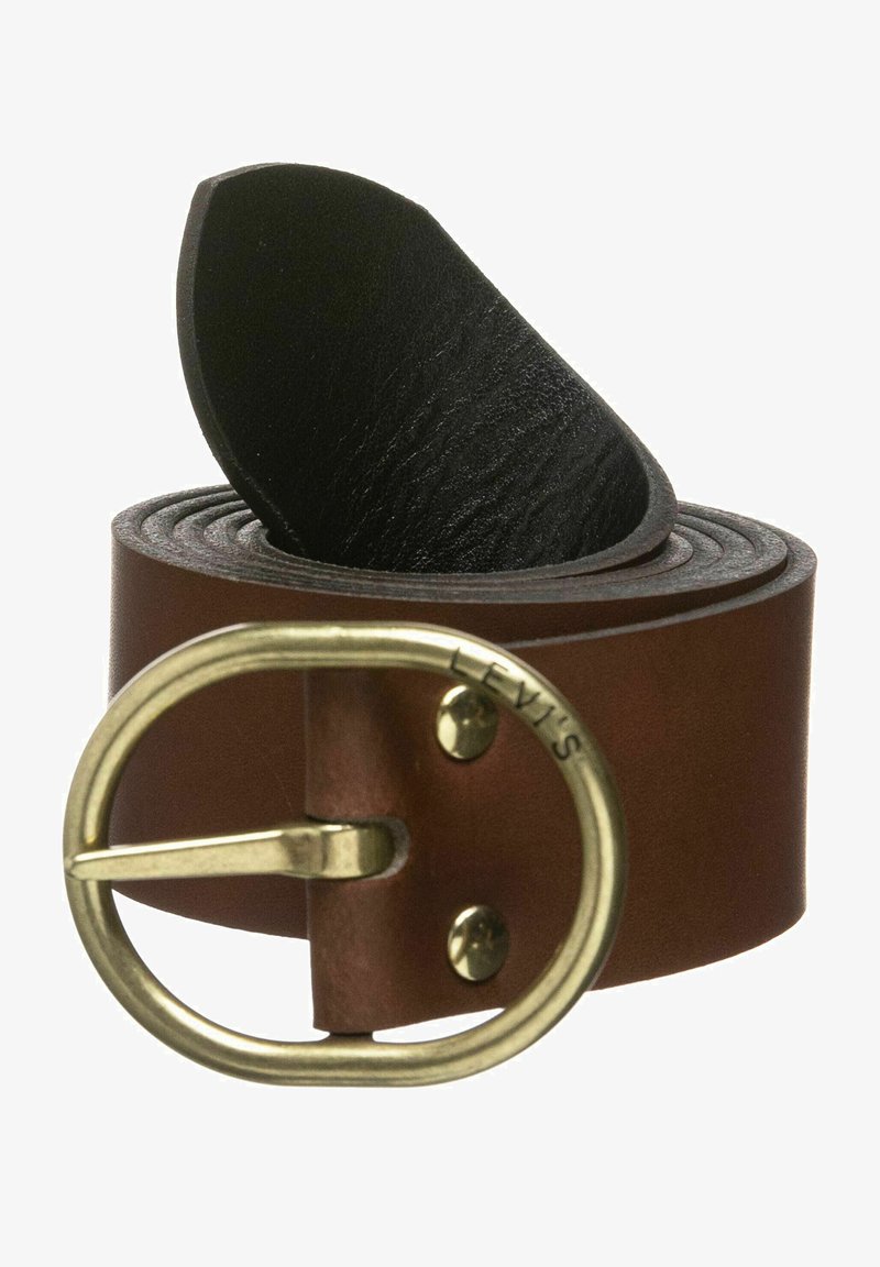Brown leather belt with a brass oval buckle, featuring a smooth texture and a black inner lining. Brand name embossed near the buckle.