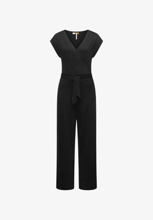 Zwarte jumpsuit met korte mouwen, v-hals, gewikkeld ontwerp, strikceintuur op de taille en broekspijpen met een wijde pasvorm. Gemaakt van zachte, rekbare stof.
