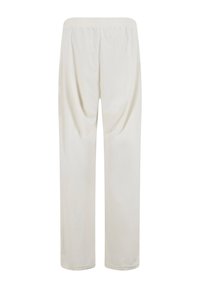 Pantalones ligeros de color crema con una cinturilla elástica, que presentan una textura suave y un diseño de pierna recta sin patrones visibles.