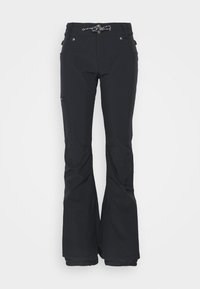 Svarta multifunktionella byxor med utställd design, dragsko i midjan, ficka med dragkedja och förstärkta fållar för hållbarhet. Slät textur.