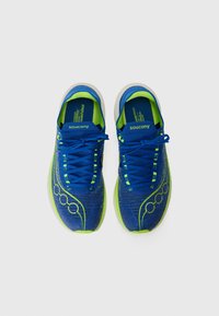 Blue running shoes with green accents, mesh upper, and cushioned sole. Features flat laces and distinctive brand logo on the side.