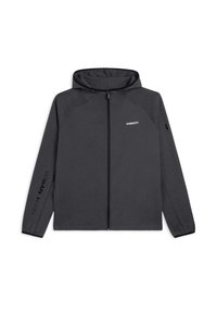 Giacca con cappuccio realizzata in tessuto grigio scuro, dotata di zip full, maniche raglan e logo "Freddy" sul petto. Le finiture includono il testo "Urban Tech" sulla manica.