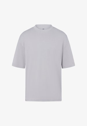 Graues Baumwoll-T-Shirt mit kurzen Ärmeln, Rundhalsausschnitt und entspannter Passform. Verfügt über ein kleines blaues Etikett mit einem Kreuz-Logo im inneren Halsbereich.