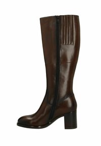 Botte en cuir marron jusqu'au genou avec une fermeture éclair sur le côté, présentant un talon structuré et des plis verticaux en haut. Texture lisse et finition brillante.