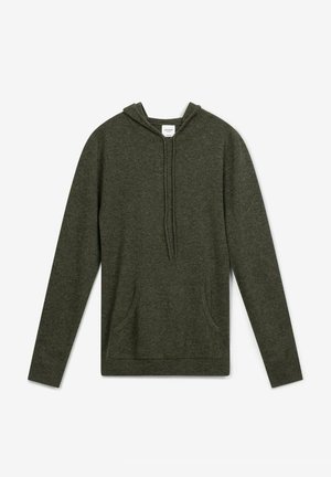 Tummanvihreä huppari, joka on valmistettu pehmeästä kankaasta ja jossa on etupuolen kenguru-tasku, nauhakuivennus huppu ja ribbireunat hihansuissa ja helmassa.